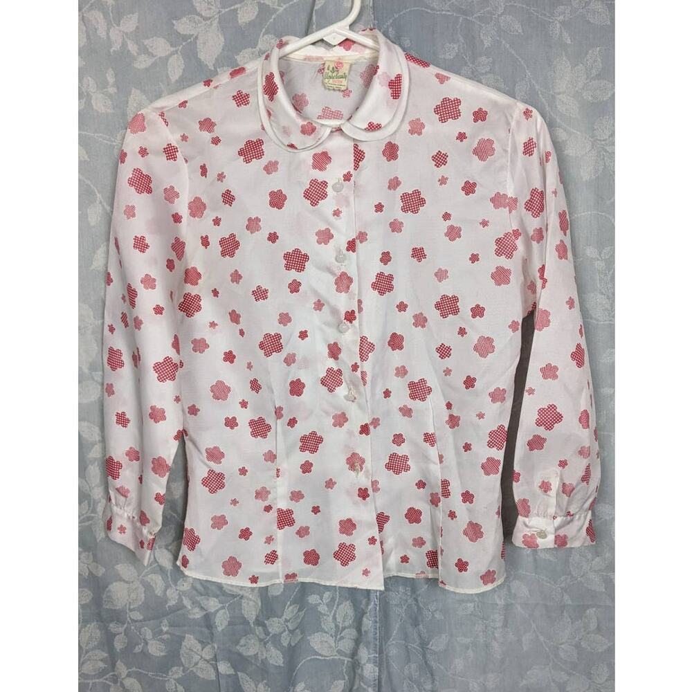 Vintage 50's Red Floral And Clover Print Blouse Sz Sm